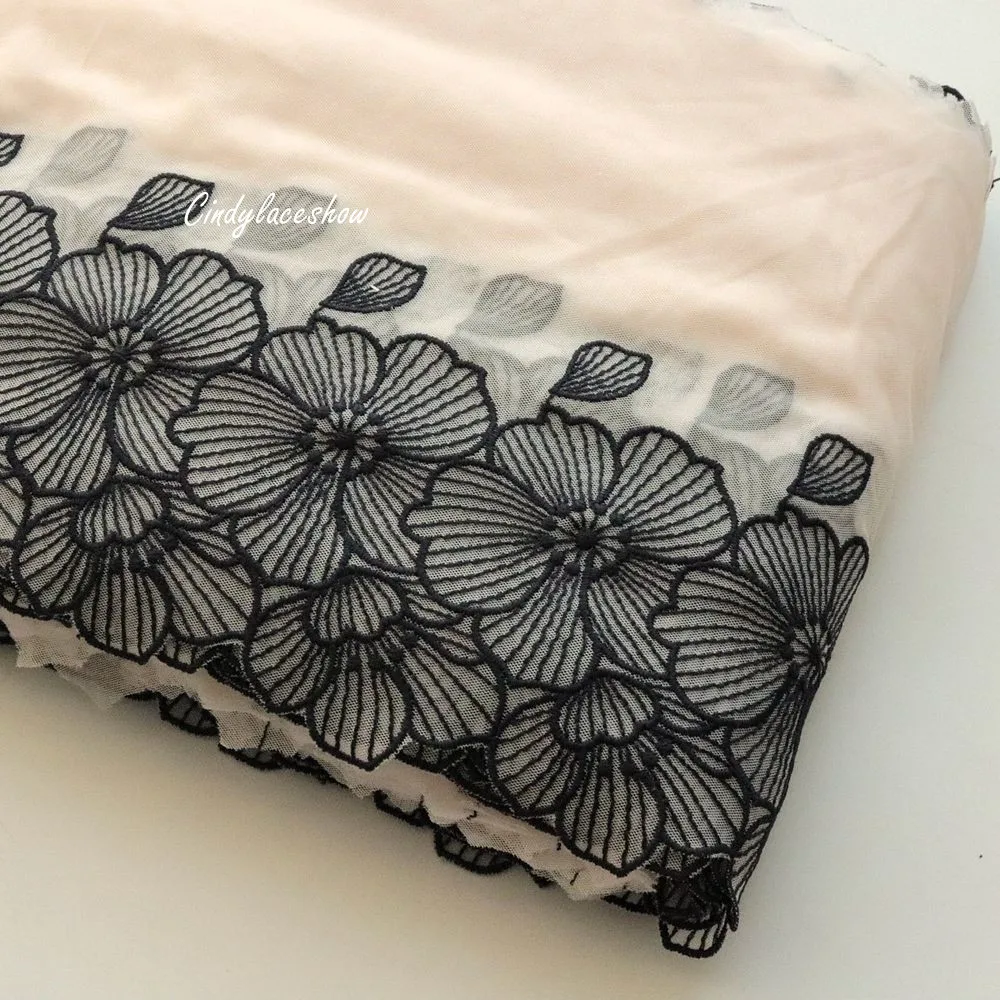 1Meter 19CM Width Black Flowers Embroidered Lace Trim Fabric Soft Pink Mesh For Bra Dress Sewing Garment Accessories Craft DIY