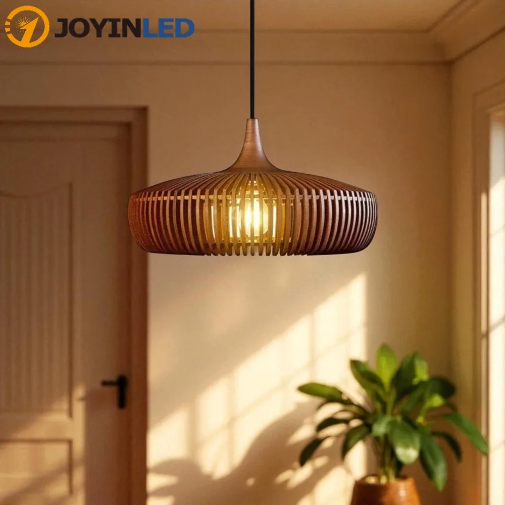 

JOYINLED 43CM Log Wood Pendant Lamp Birdcage Denmark Designer Lamp for Dining Room Study Living Room Table Decoration Loft Lamp