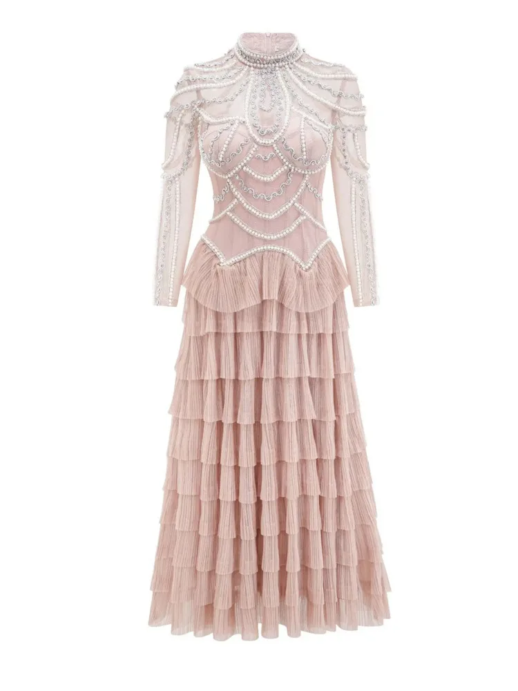 DFDG eleganza femminile Heavy Craft manica lunga abito Patchwork con perline abito da festa di lusso leggero abito lungo da damigella d'onore 2024