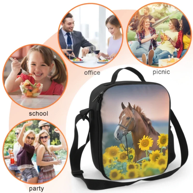 Bridle Portrait In Sunflowers Insulate Thermal Lunch Bags Washable Tote Crossbody Lunch Container Food Carrier for School Travel