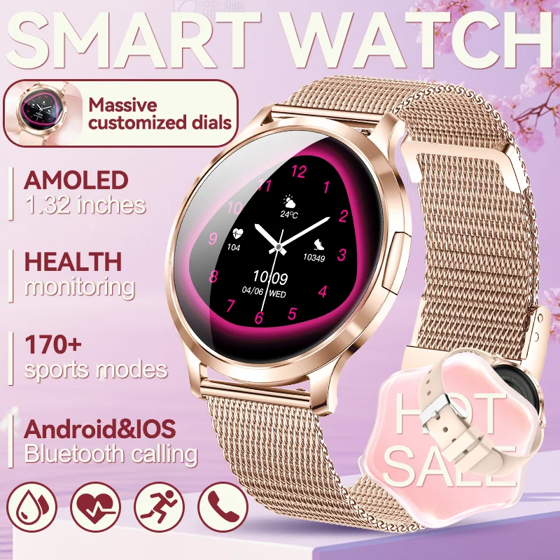 

2025 Новые модные женские 1,32-дюймовые умные часы AMOLED HD на заказ, пульсометр, Bluetooth-вызов, мужские 170 + спортивный режим, умные часы для IOS