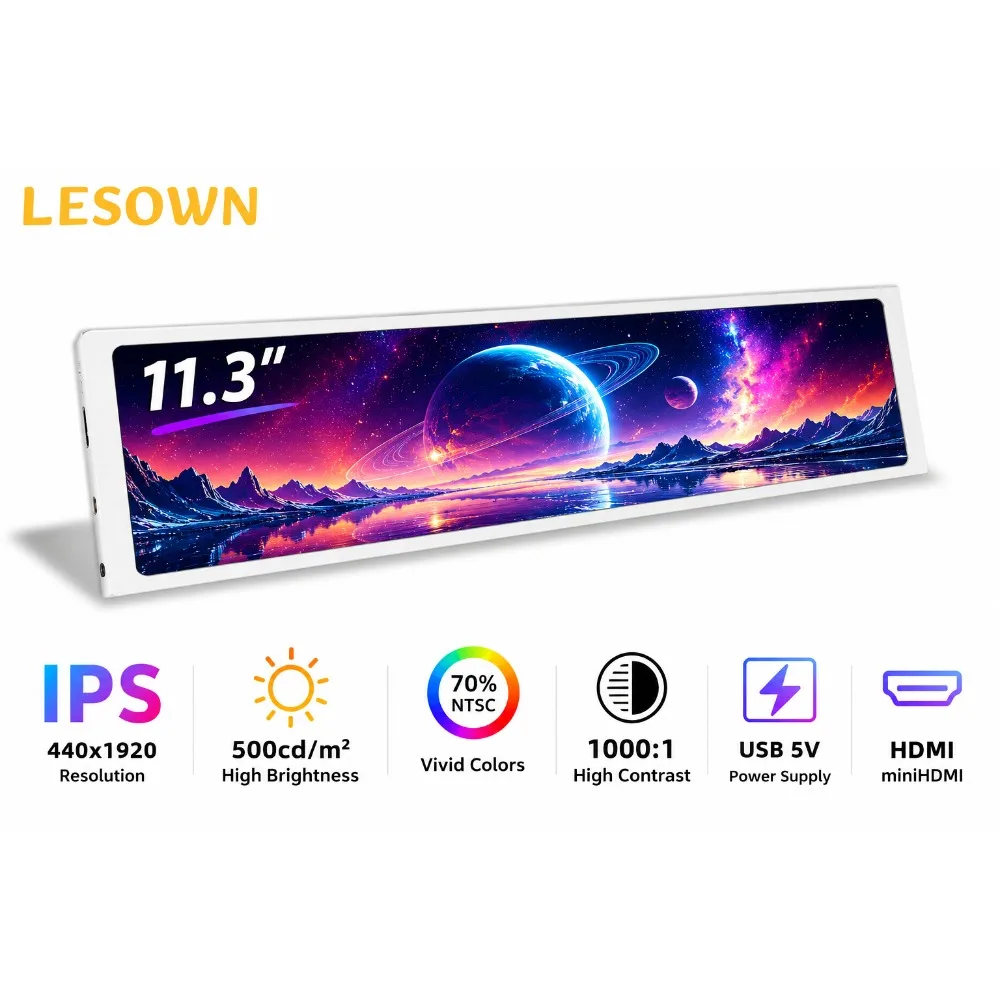 LESOWN 11.3 Inch Matte White Secondary Display Easy Setup 440x1920 miniHDTV Vertical Sub-screen 60Hz