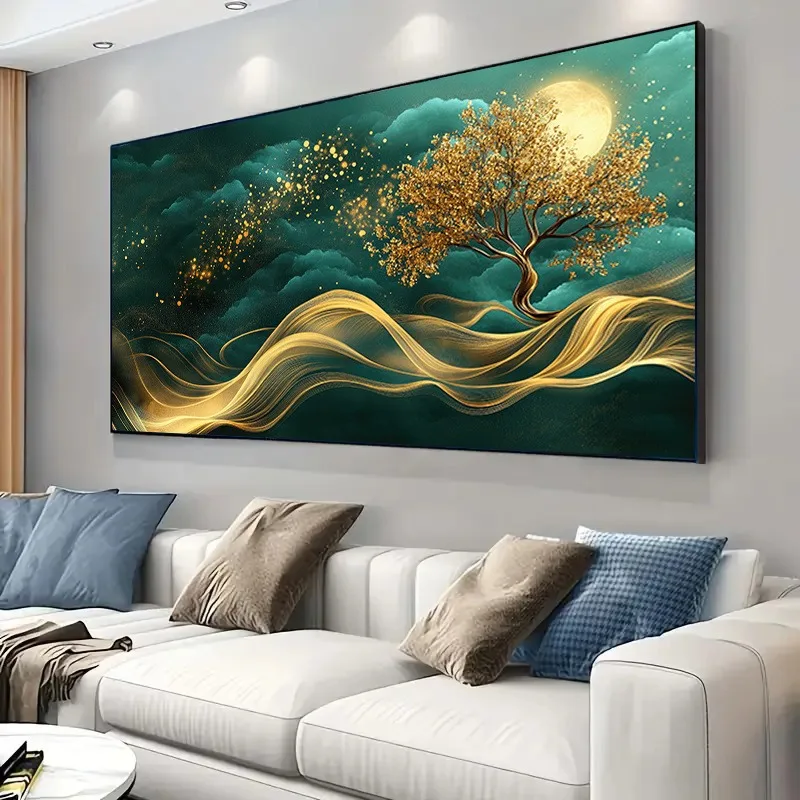 1pc frameless Canvas Painting Frameless Modern Abstract Canvas Wall Art Golden Tree Line and Dark Green Clouds, Moon and Sparkli