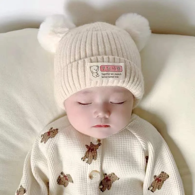 6-12Months Baby Boys Girls Caps Knitted Beanie Hat with Pompoms Newborn Kids Bonnets Cuffed Kpop Hat