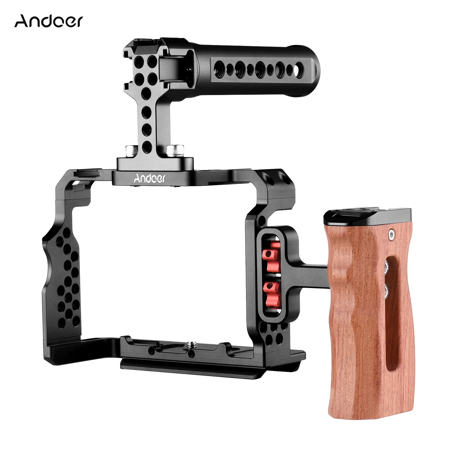 Andoer Aluminum Alloy Camera Cage Kit with Video Rig Top Handle Wooden Grip Replacement Video Cage for Sony A7R III/ A7II/ A7III