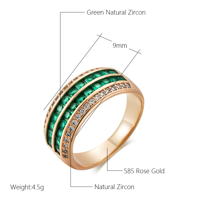 Kinel Luxury Full Green Natural Zircon 9mm Width Rings For Women Fashion Design 585 Rose Gold Color Modern Party Daily Jewelry