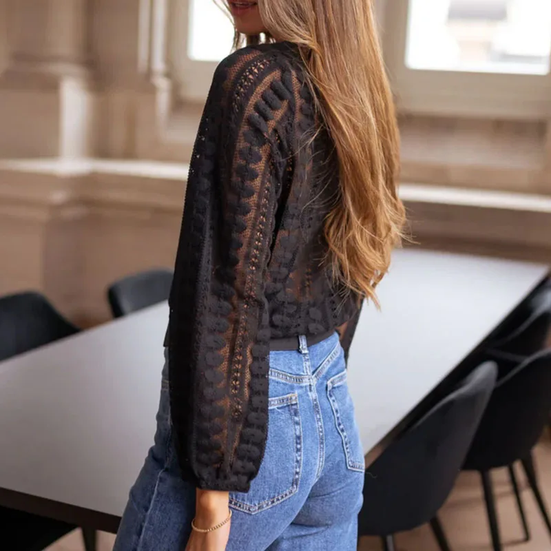 Printemps automne femme Jacquard dentelle brodé Crochet vêtements Sexy col rond évider chemise transparente Blouse à manches longues haut pull