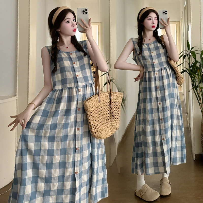 Summer Fashion Cotton Plaid Maternity Long Dress Sleeveless Loose Straight Clothes for Pregnant Women 24ss Y2k Youth Baby Shower