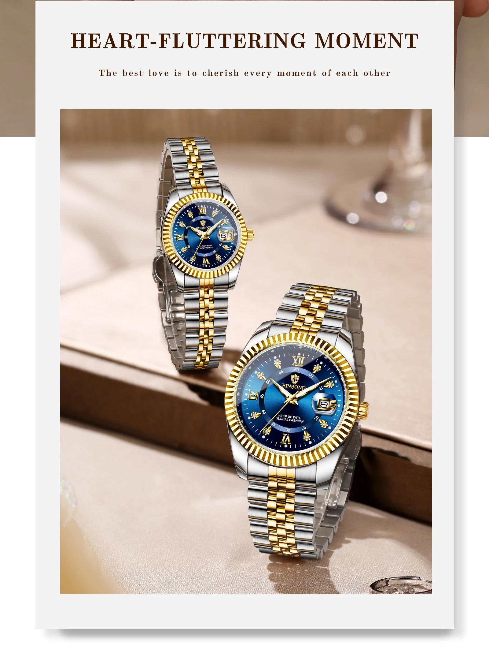 BINBOND Original Couple's Quartz Watches Luminous Waterproof Gift For Lover Men's Women's Watch Mujer Relojios +Gift Box