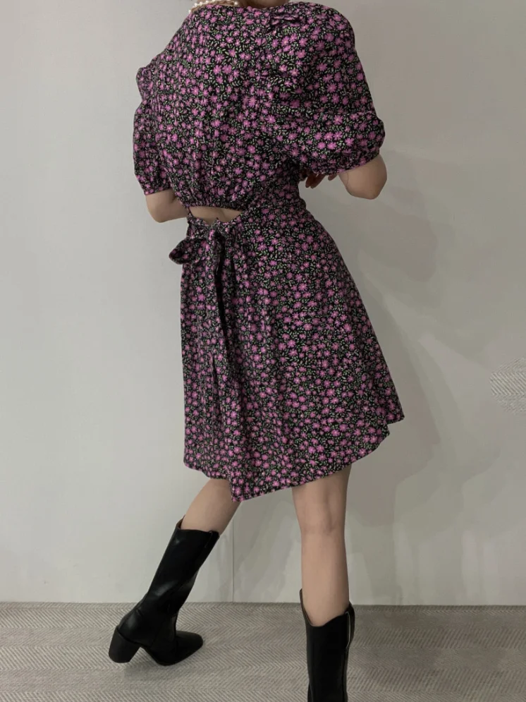 시크한 여름 벨트 버블 소매 허리 노출 드레스 여성 하이웨이스트 A라인 숏 드레스 플로럴 프린트 출근룩