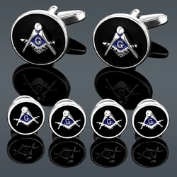 Freemason Logo Cufflinks&Sleeve Nail Set Black And Blue Enamel With Crystal For Men Boys Gift