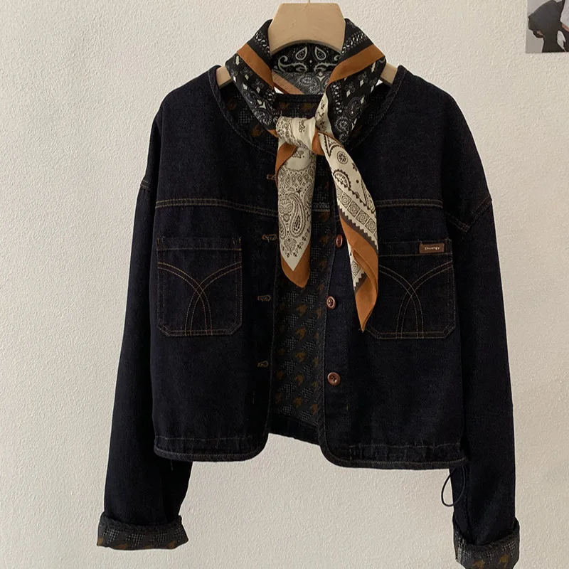 Envío de bufandas retro de un solo pecho, chaqueta vaquera con cuello redondo para mujer, otoño, primavera, nuevo modelo, tops de ocio, chaqueta Bomber Vintage