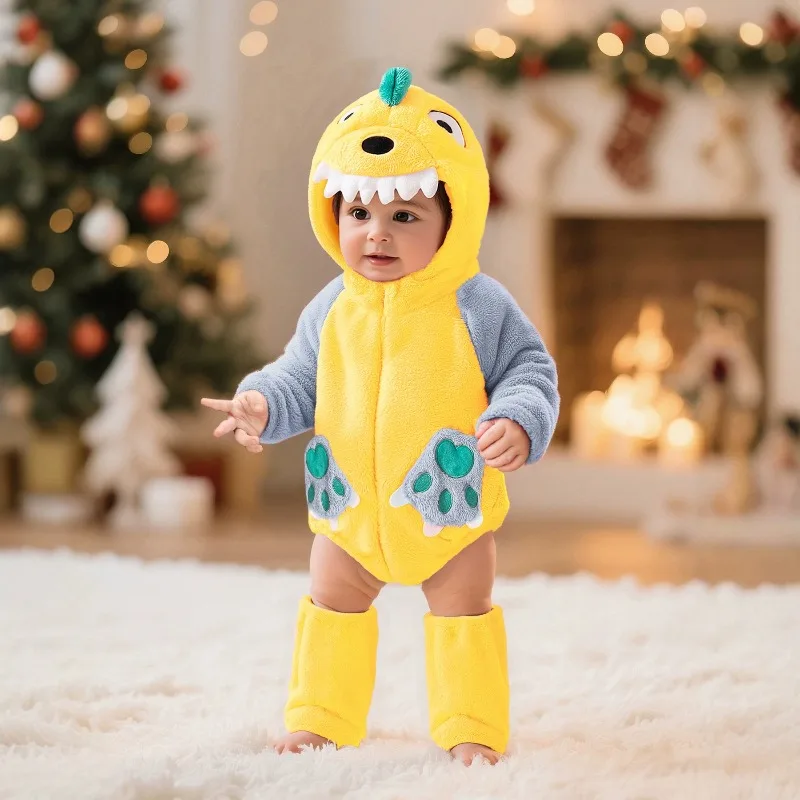 Newborn Baby Yellow Dinosaur Romper Hooded Bodysuit Christmas Costume Jumpsuit Onesie Toddler Warm Winter Playsuit