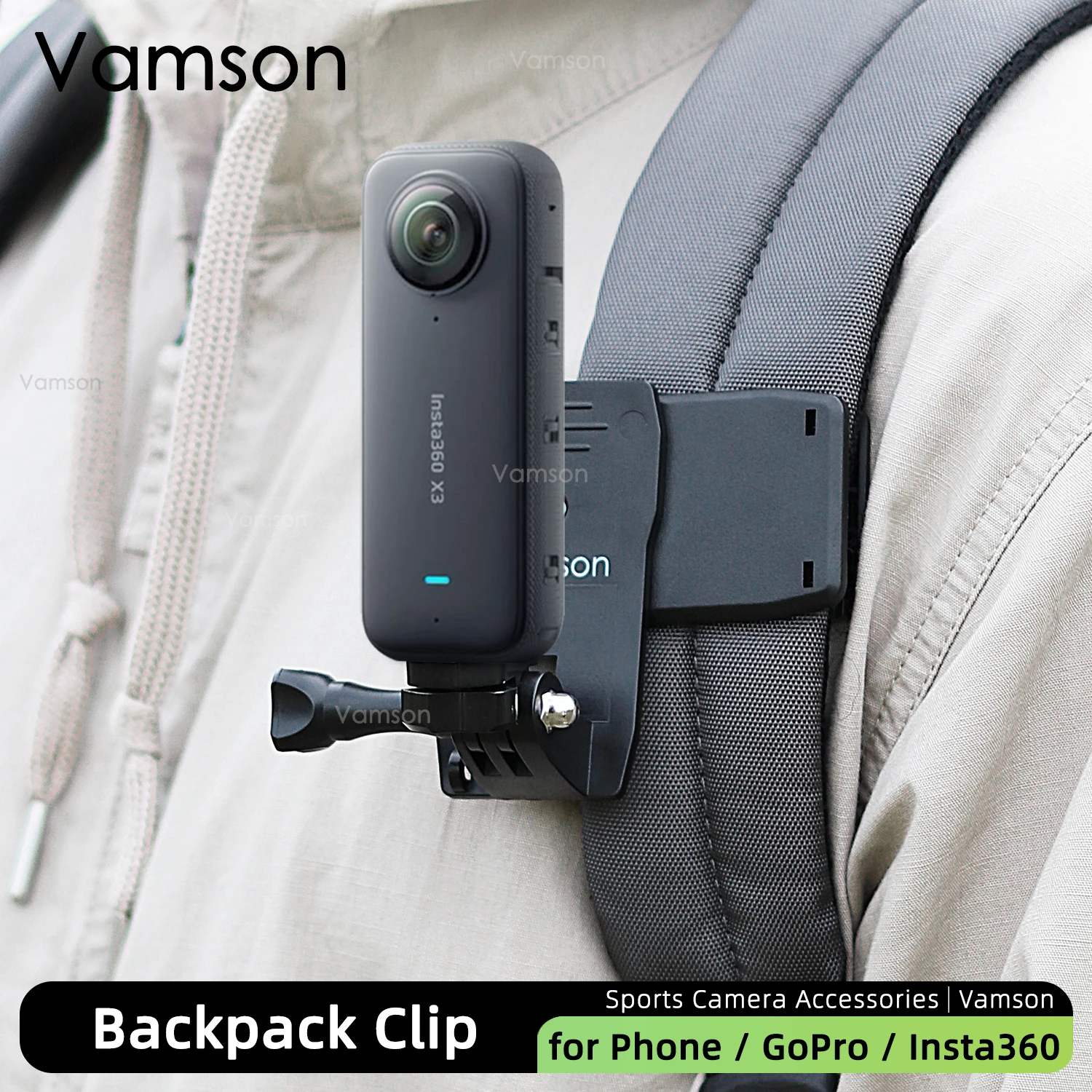 Вращающийся на 360 градусов зажим для рюкзака Vamson для Insta360 X3 One X2, крепление для рюкзака на плечо для камеры GoPro Inst 360 Dji SJCAM EKEN Вращающийся на 360 градусов зажим для рюкзака Vamson для Insta360 X3 One X2, крепление для рюкзака на плечо для камеры GoPro Inst 360 Dji SJCAM EKEN