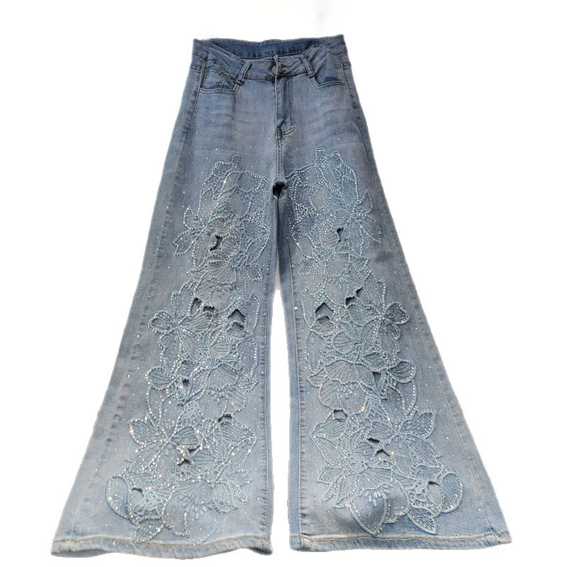 WTHT Fashion Women's Hollow Out Embroidery Diamonds Straight Jeans 2026 Spring Trendy High Waist Denim Pants Female 1LS2915