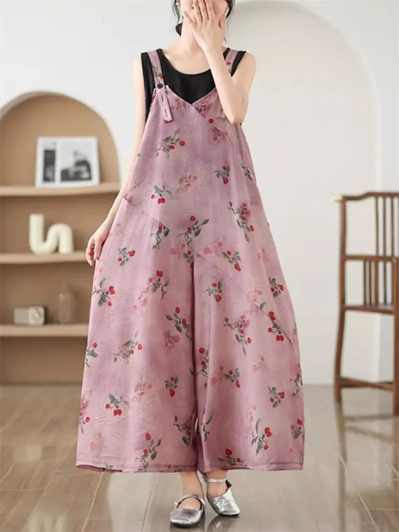 Large Size Suspender Pants For Women 2024 New Summer Mom Loose Wide Leg Trousers Thin Jumpsuit Overall K1698