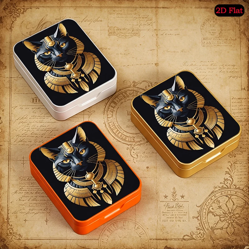 Egyptian Black Cat with Gold Ornaments Theme Mini Square Flip Top Tin Box, UV Printed Portable Tinplate Box, Holiday Favor