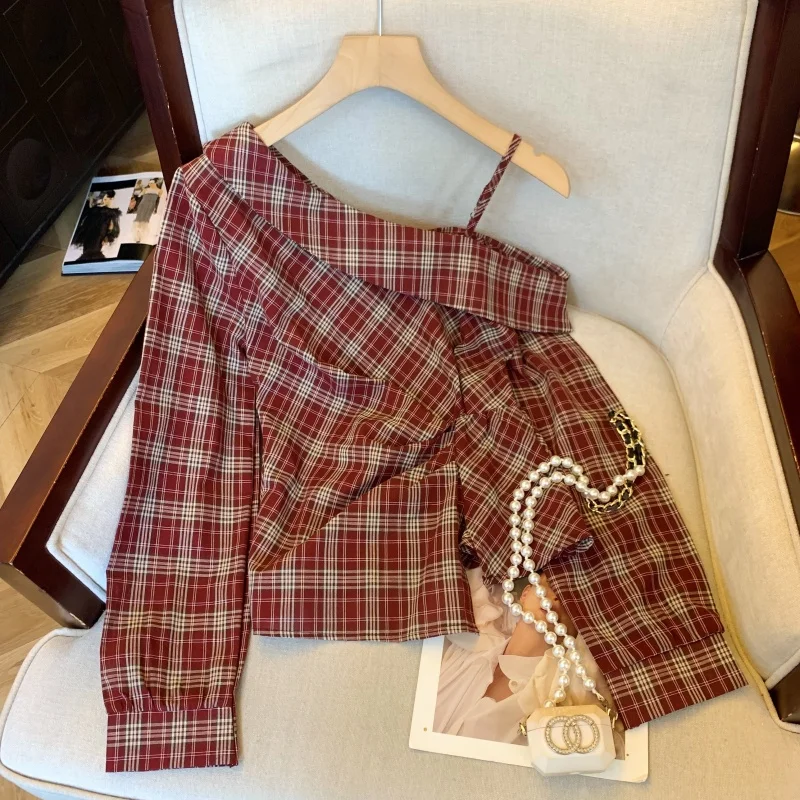 

Women's Red Plaid Shirts and Blouses Y2k Aesthetic Vintage Elegant 2000s Long Sleeve Dropped Shoulders Shirt Clothes Autumn 2025
