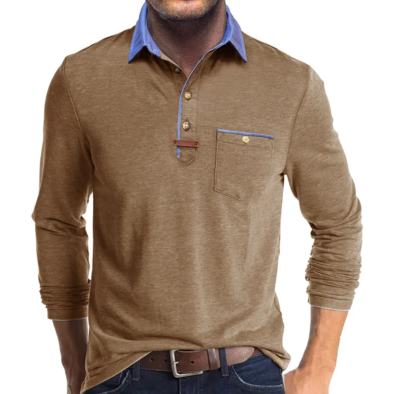 Langarm-Poloshirt für Herren, lässig, schmale Passform, Henley-Kragen, T-Shirt mit Tasche, Smart Blend Tops – Detail 12