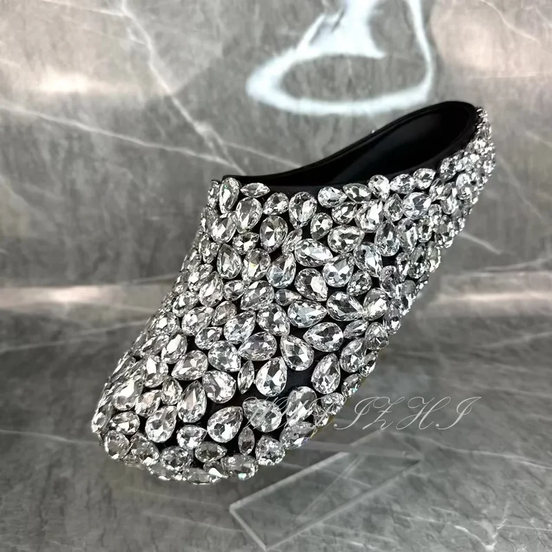 Zilveren Grote Diamant Ronde Neus Platte Slipper Vrouwen Bling Cover Muiltjes Zwart Lederen Zool Mode Kristal Glitter Mode Casual Schoen