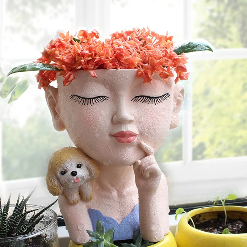 女の子とポンドの花のポットの装飾花ポットの装飾風景