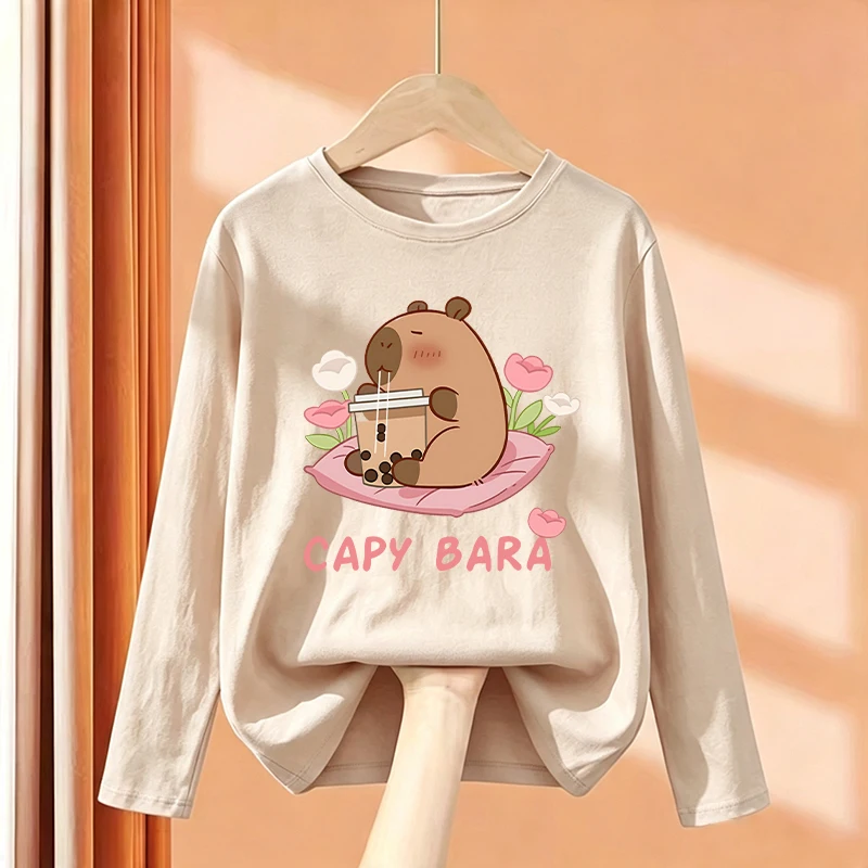 Kawaii Capybara Kids Tshirts Long Sleeve Tees Cartoon Animal Boys Girls Clothes Kawaii Tops Y2K Children T-shirt Winter Autumn