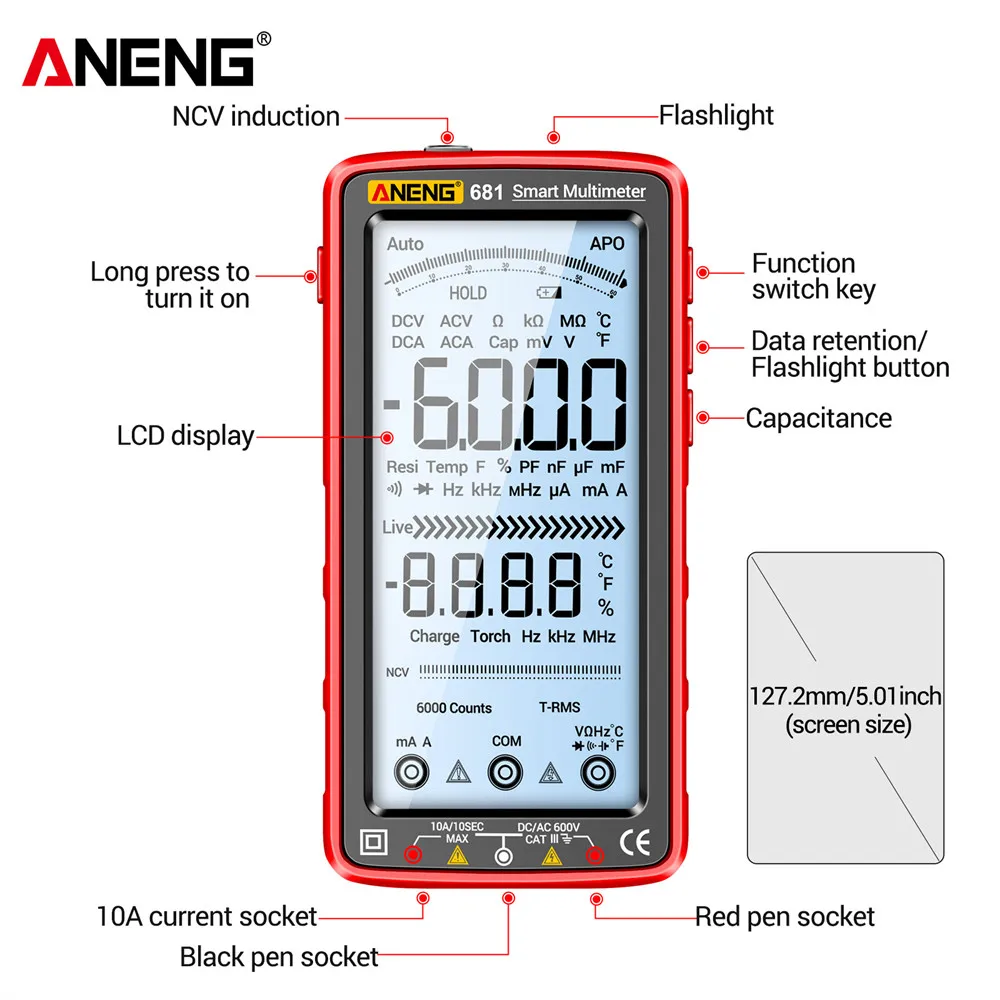 ANENG 683 Smart Multimeter Touchable LCD Screen 6000 Counts Digital Multimeter Rechargeable Anti-burn NCV AC/DC Voltage Tester