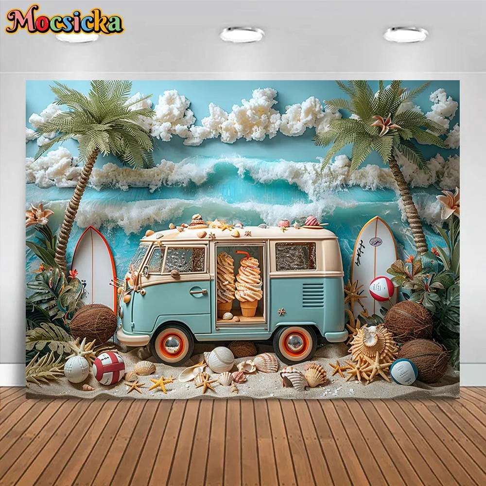 Mocsicka Summer Photography Background Tropics Beach Ice Cream Truck Palm Tree Surfing Backdrop for Photo Studio Photocall Props