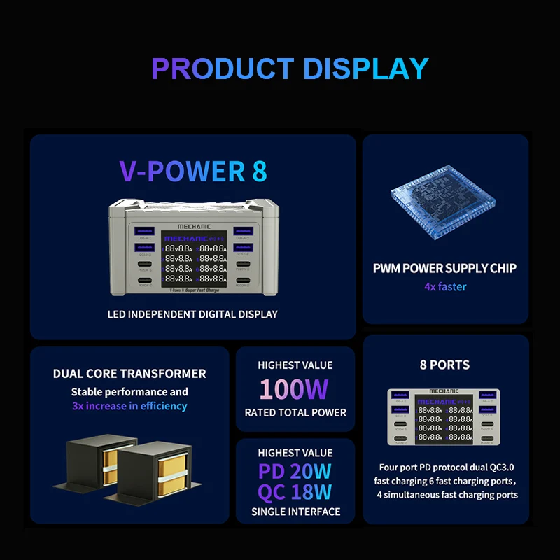 Imagem -02 - Mecânico V-power 8s 8pro Produto Eletrônico com Display Digital de Carga Super Rápida com Qc3.0 pd Usb Carregador Multiportas