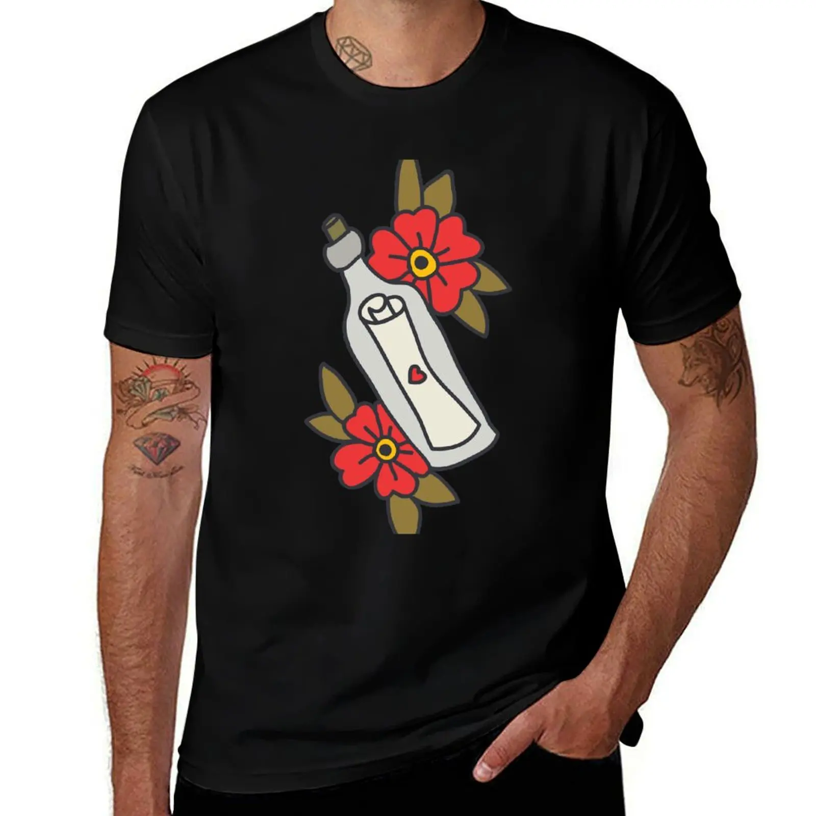 bottle with letter. traditional tattoo flash T-Shirt Active Sports Short Sleeve Cotton Shirt