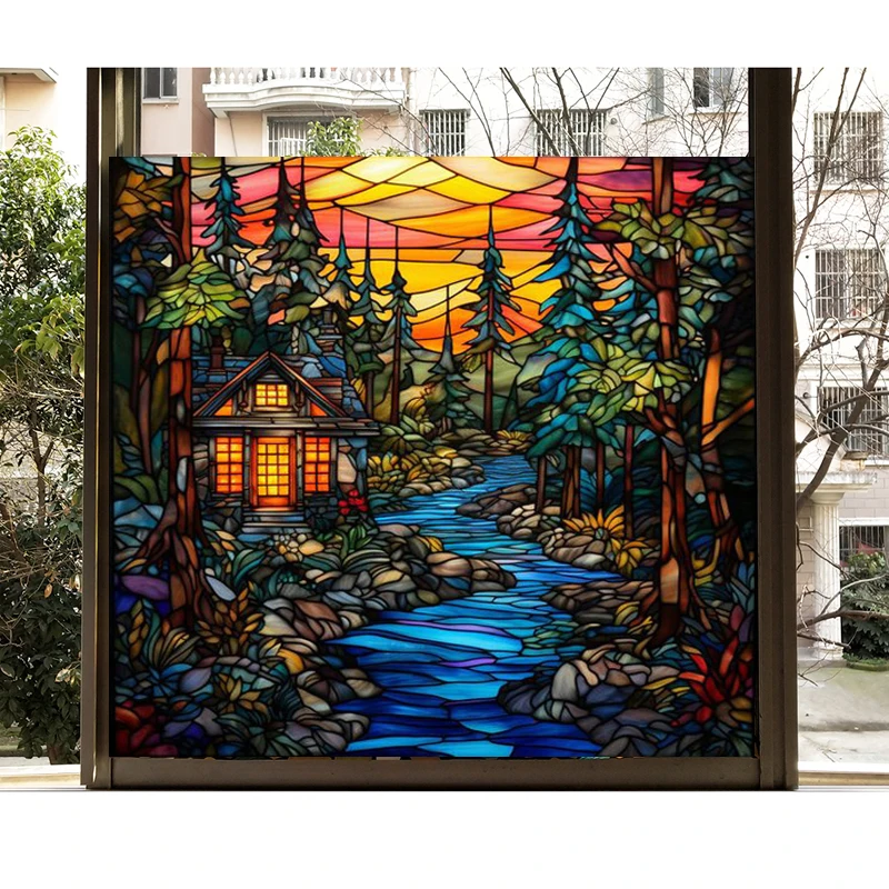Custom size Glass Films,Stained Glass Stickers Static Cling,Frosted Privacy Print  Retro Vintage Scenery Window Door Home Decor