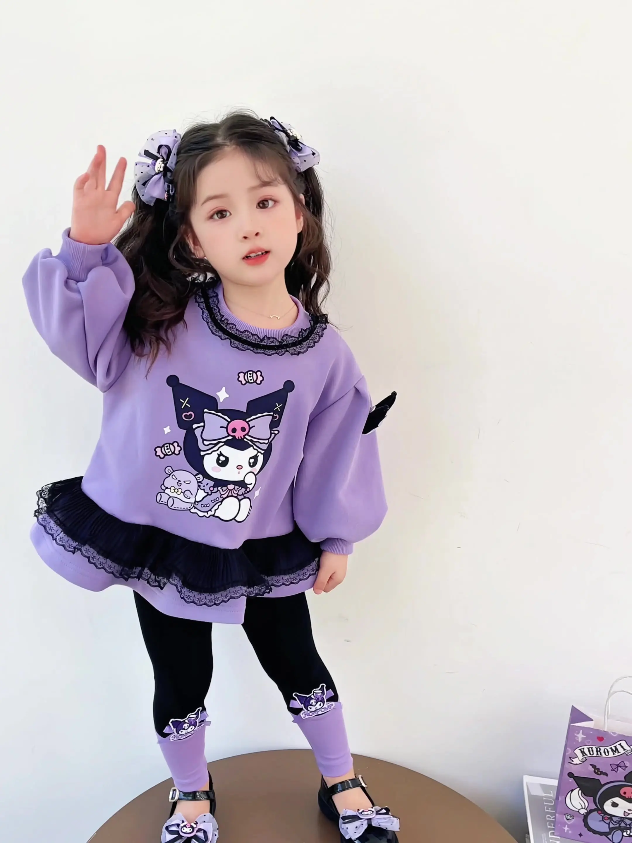 

Симпатичные комплекты черного и фиолетового цвета для девочек, кружевная толстовка с рюшами, узкие штаны, модный комплект из двух предметов для маленьких девочек, весенне-осенняя детская одежда