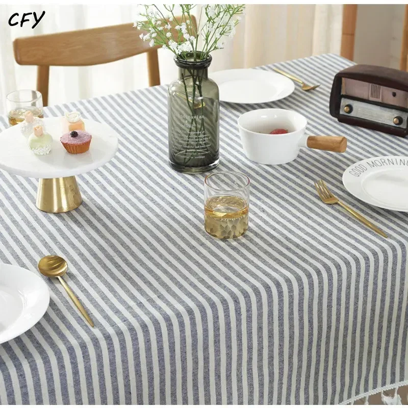 

Cotton Linen Simple Striped Tablecloth Plain Tassel Table Cloth Rectangular for Table Nappe Tassel Table Cover