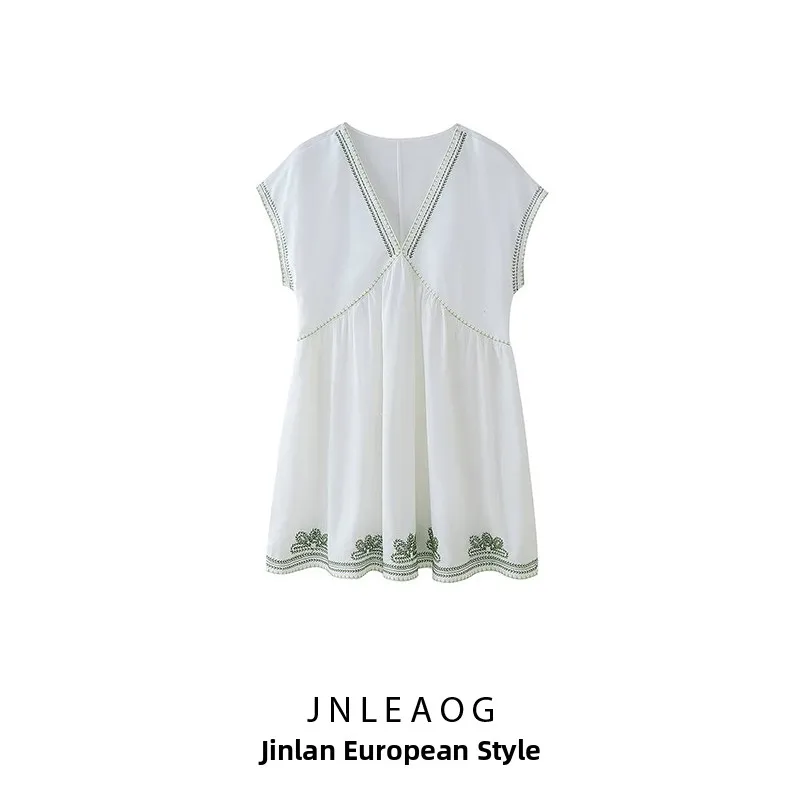 فستان نسائي جديد من JNLEAOG لفصل الخريف، قصير مع تطريز وياقة على شكل V، بألوان متباينة، بأسلوب الشارع، مصنوع من ألياف البوليس...