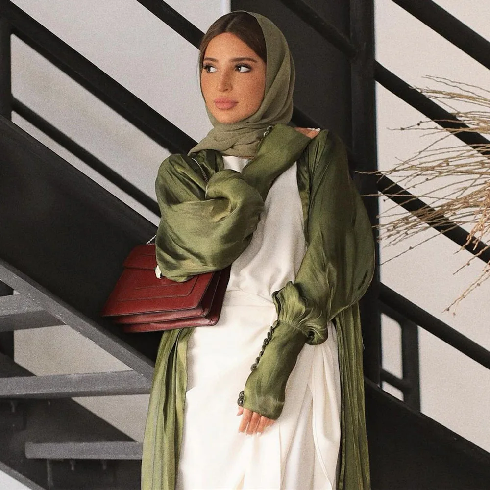 Turkish Gowns For Women Dubai Abaya Arabian Dress Army Green Silk Satin Cardigan Robe Long Sleeves Muslim Outwear 2 Pieces Set