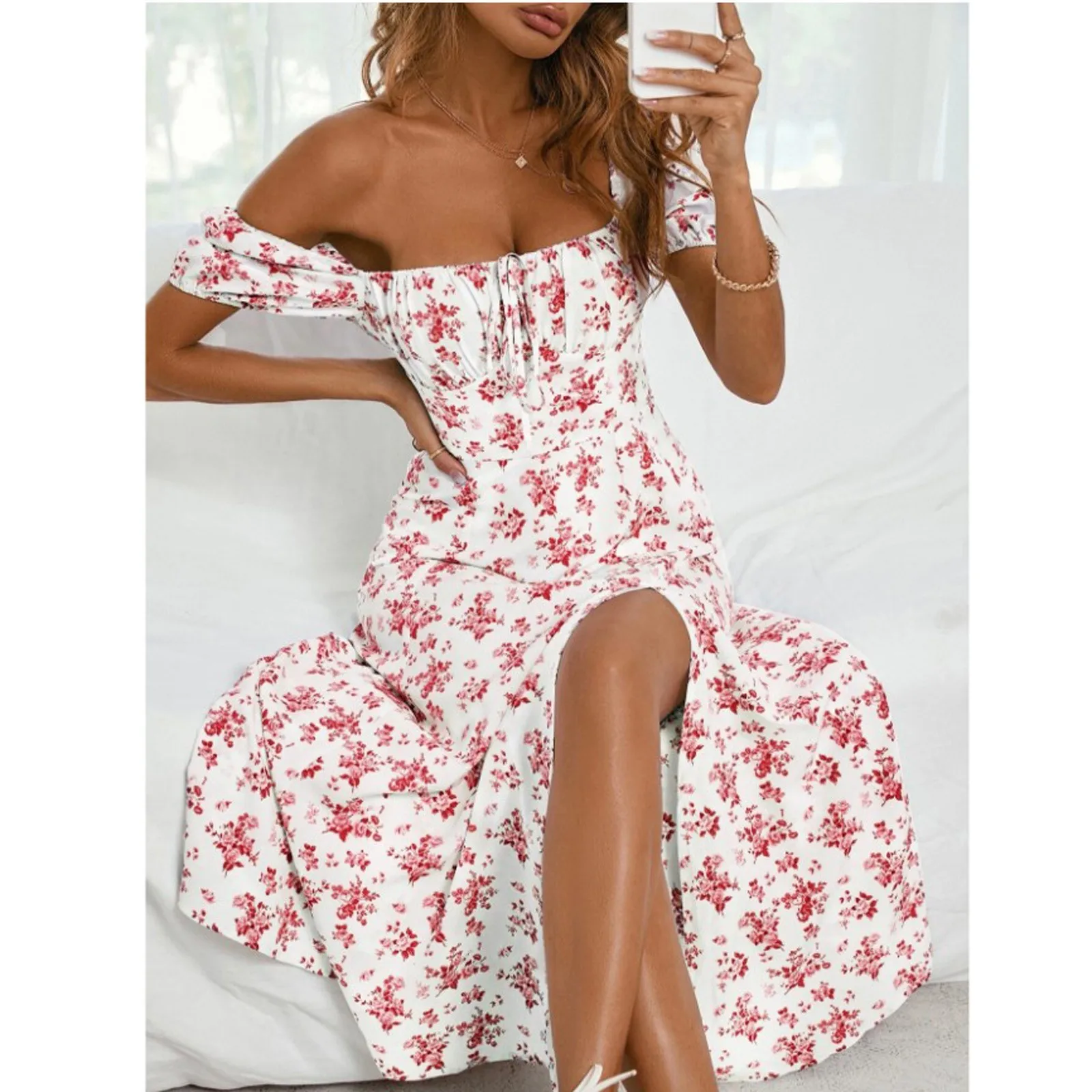 Women's Dress Short Sleeves Lace Up Chest Floral Printed High Splitting Long Skirt For Female Vintage Elegant Party Club Robe