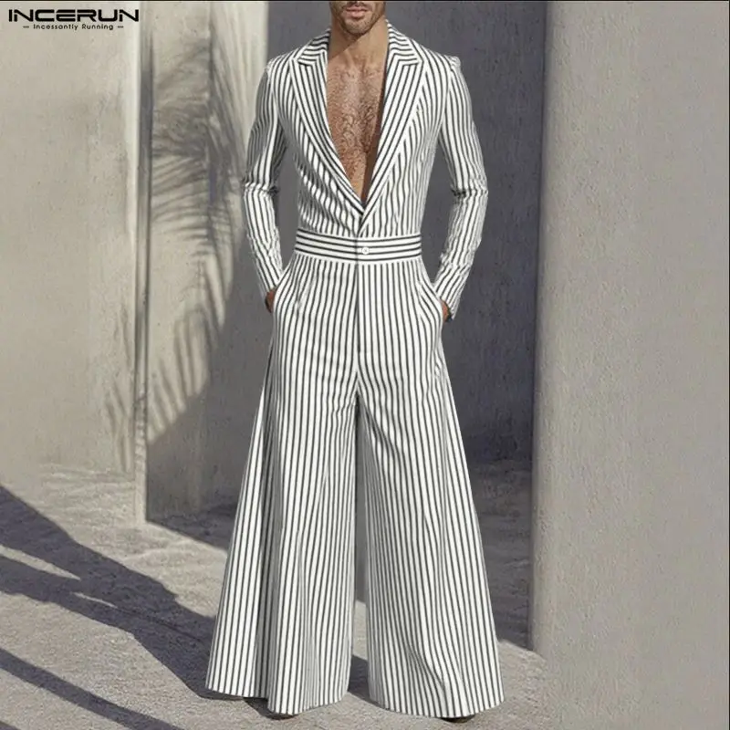 

INCERUN мужские полосатые комбинезоны с лацканами и длинными рукавами, свободные повседневные мужские комбинезоны, уличная одежда, 2025 г., элегантные модные мужские комбинезоны, S-5XL