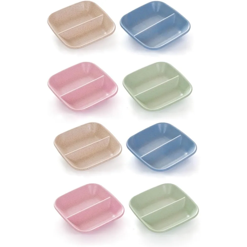 Juego de 8 tazones pequeños para salsa con 2 compartimentos para salsa de soja, mostaza, kétchup, condimento para barbacoa, aceite de pimienta y vinagre, ideal para sushi, aperitivos, ensaladas, bocadillos, guarniciones y para servir en ocasiones especiales, mini recipientes portátiles.