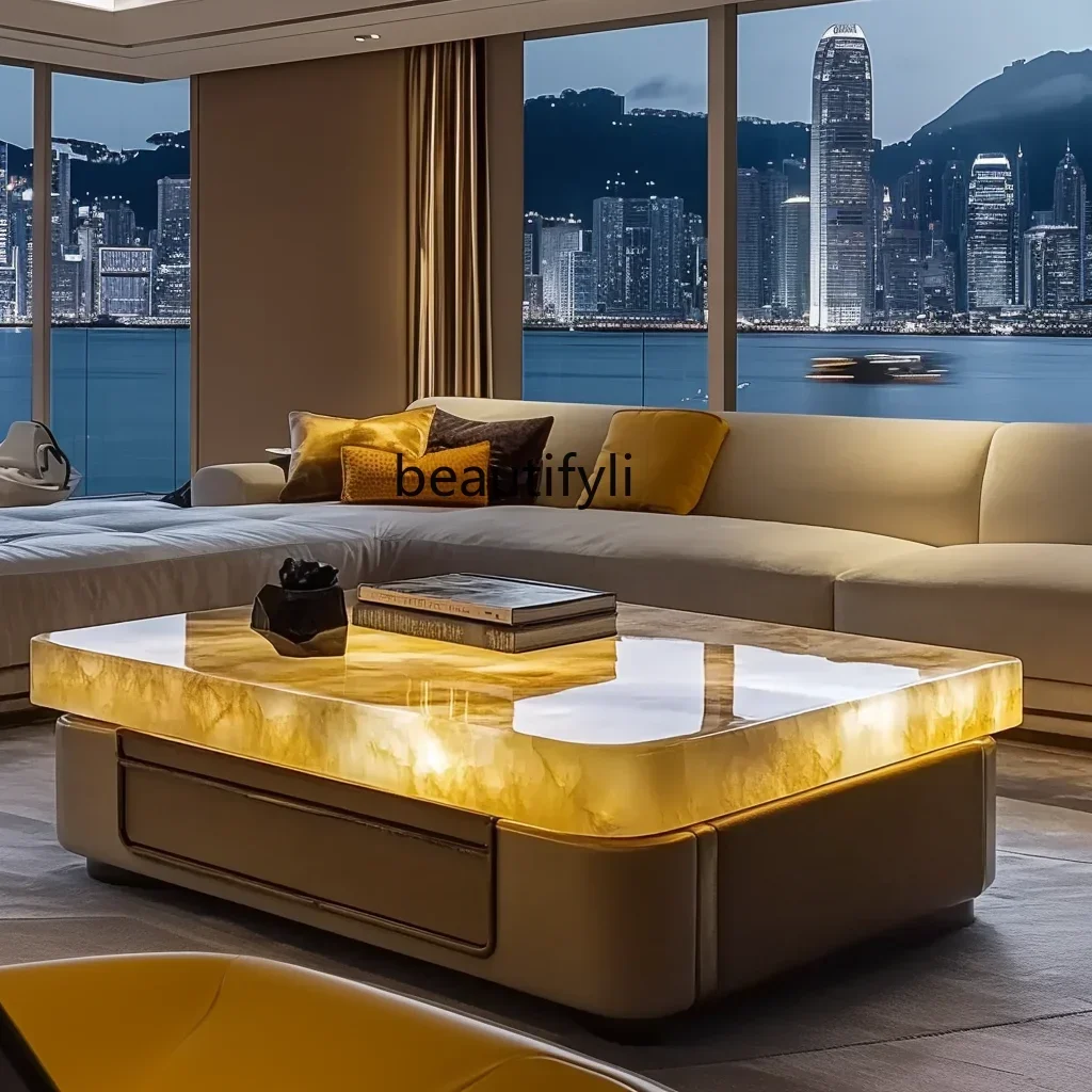 

xz1X1Luminous jade luxury stone leather coffee table luxury stone light luxury villa large flat floor living room square coffee