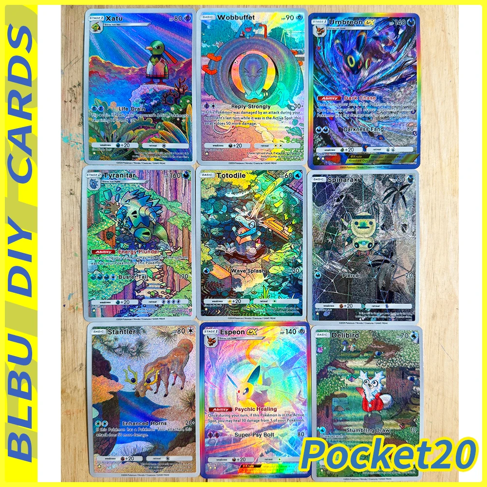Karty kolekcjonerskie BLBU PTCG Pocket20 Espeon EX Umbreon Xatu Gyarados Meowt z tłoczonym wzorem, karty flash, trenerzy, nowe angielskie karty