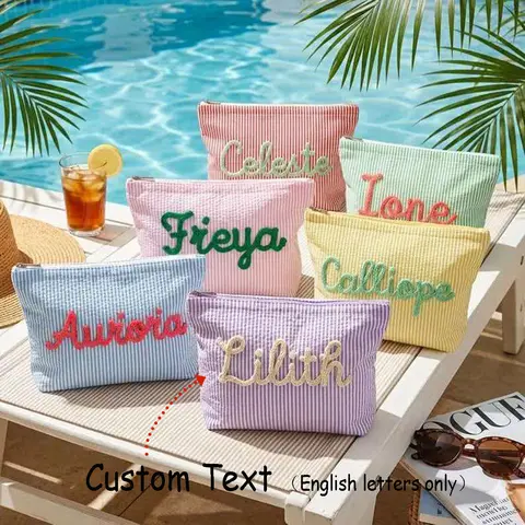 Custom Seersucker Makeup Bag & Travel Pouch — Personalized Chenille Name Toiletry Bag & Summer Beach Tote
