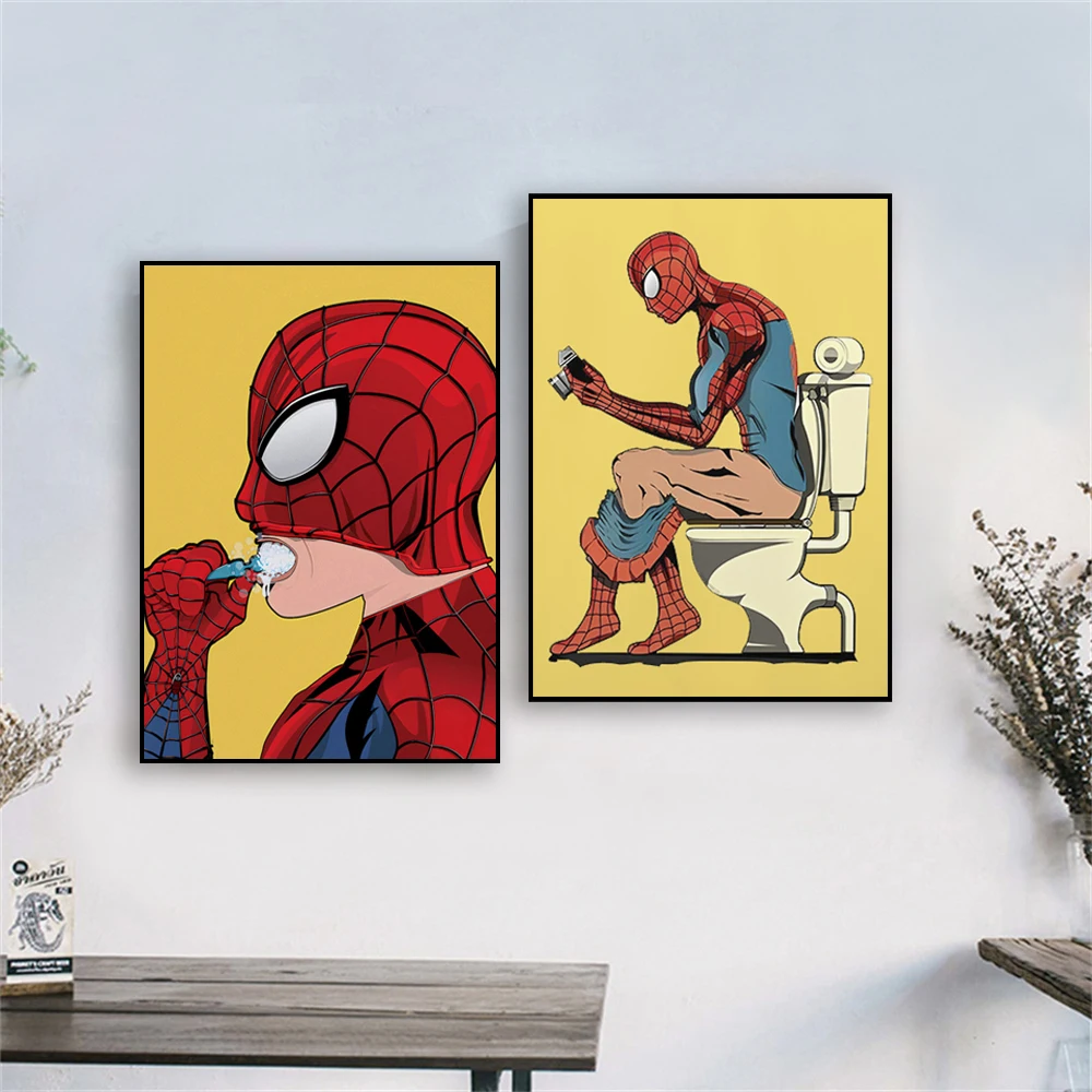 Póster de pintura divertido de Spiderman, cámara de Spiderman en el inodoro, póster impreso, decoración del baño, decoración del baño, arte de pared del hogar