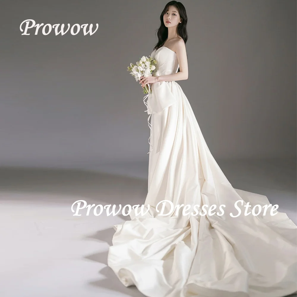 

Prowow Elegant A Line Wedding Dress Korea Photo Shoot Pleats Bow Sweetheart Neck Bridal Gown Corset Sleeveless Customized