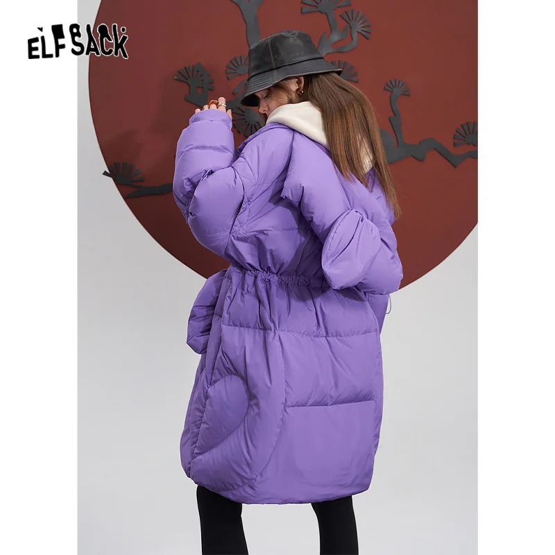 ELFSACK Purple Warm Down Coats Women 2023 Winter Loose Mid-length Designed Outwears