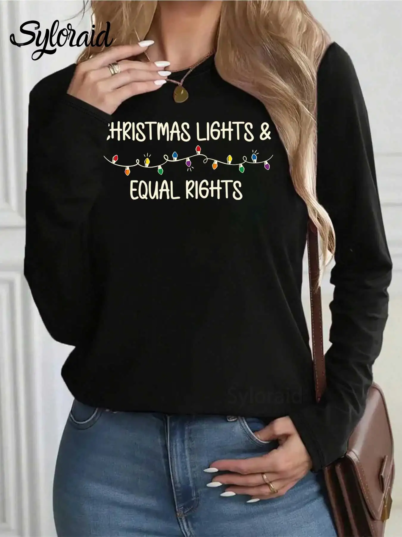 Langarm-T-Shirt für Damen, Weihnachtsbeleuchtung, gleichrechte Grafik-T-Shirt, modisches Rundhals-Freizeitoberteil für alle Jahreszeiten