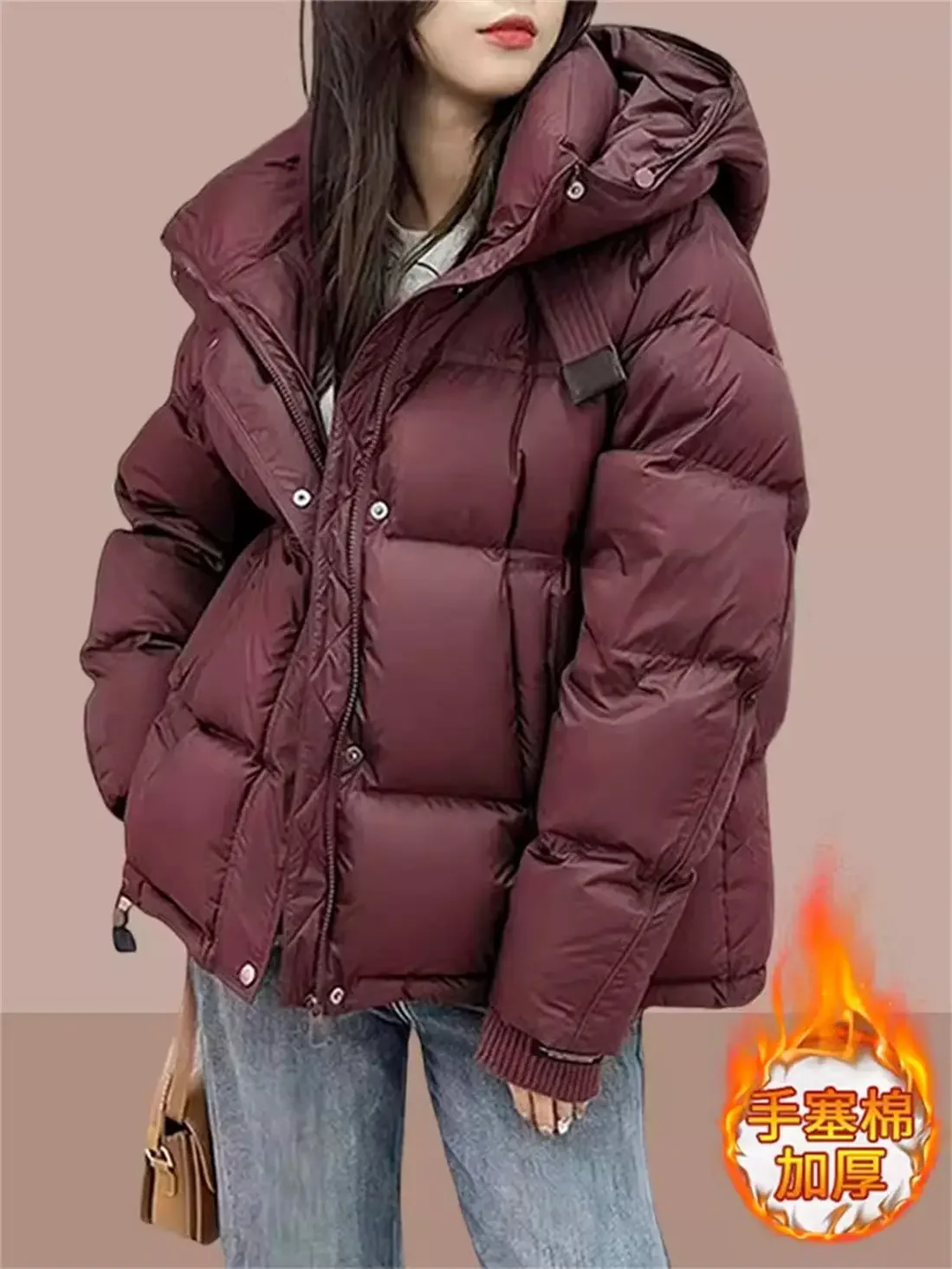 

Fashion Solid Color Warm Long Sleeve Quilted Coat Elegant Zipper Hooded Cotton Jacket 2025 New Winter Woman Commuter Down Coats