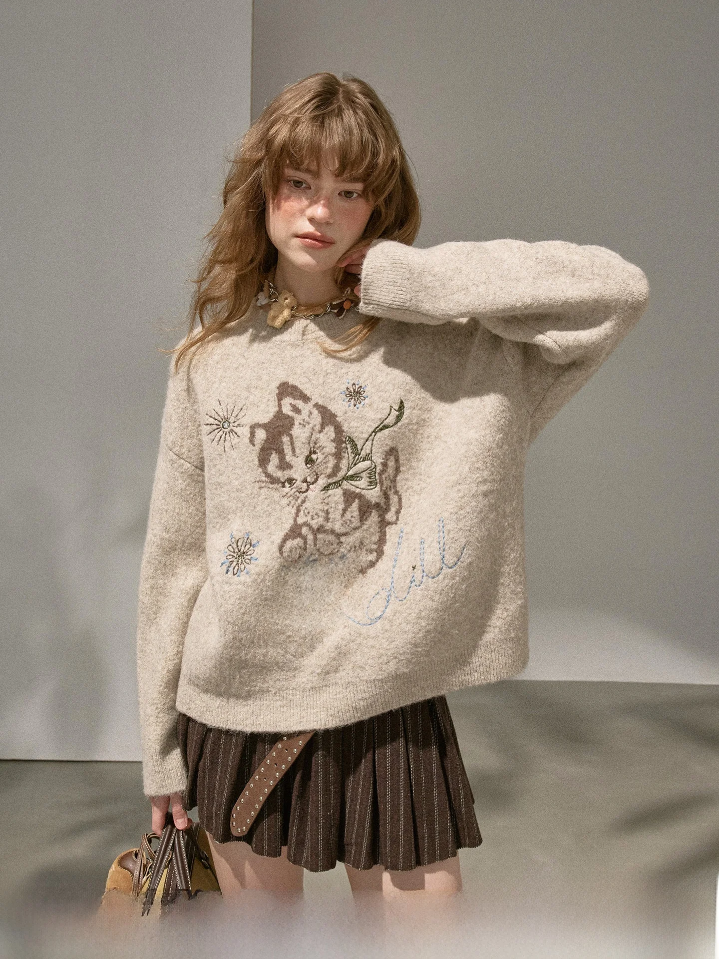 

DIDDI MODA Милый вязаный длинный свитер Све с вышивкой игривый свободный крой накладной осень-зима Thiened круглый Ne Swe...