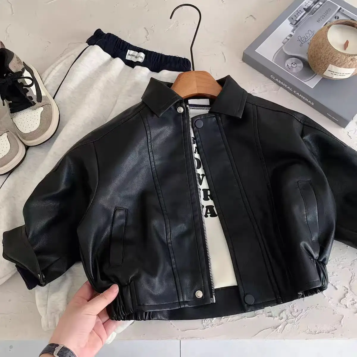 

Baby Boys' Leather Jacket Spring and Autumn New Style Children's Fashionable and Casual Zipper Coat