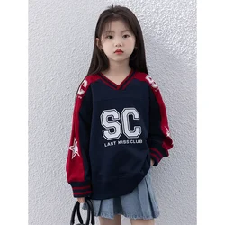 Girl Top 2024 New Spring Autumn American Retro Style Casual Sweatshirt Baby Girl V Neck Letter Embroider Loose Long Sleeve Top