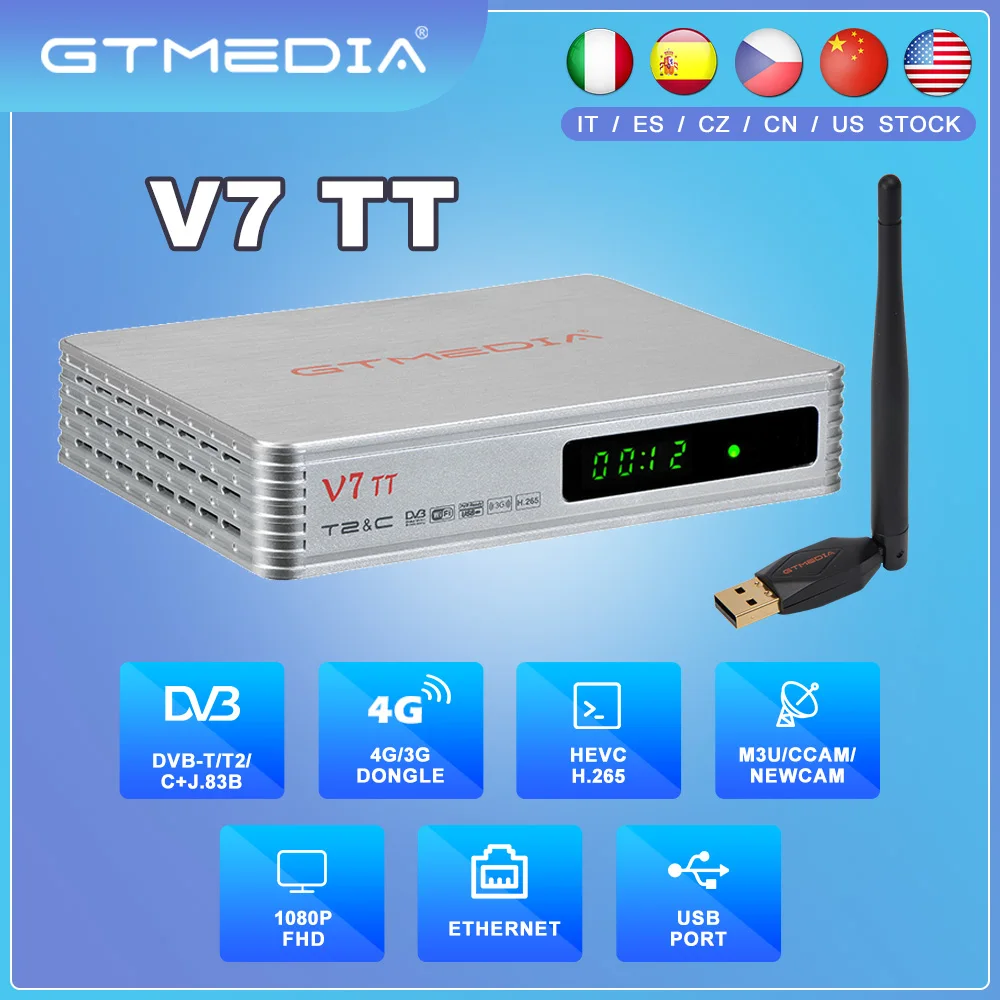 

GTMEDIA V7 TT TDT HD TV Receiver DVB-T2/T DVB-C H.256 10bit 1080P Full hd Decoder With USB WIFI Spain 2024 Support PVR CCAM